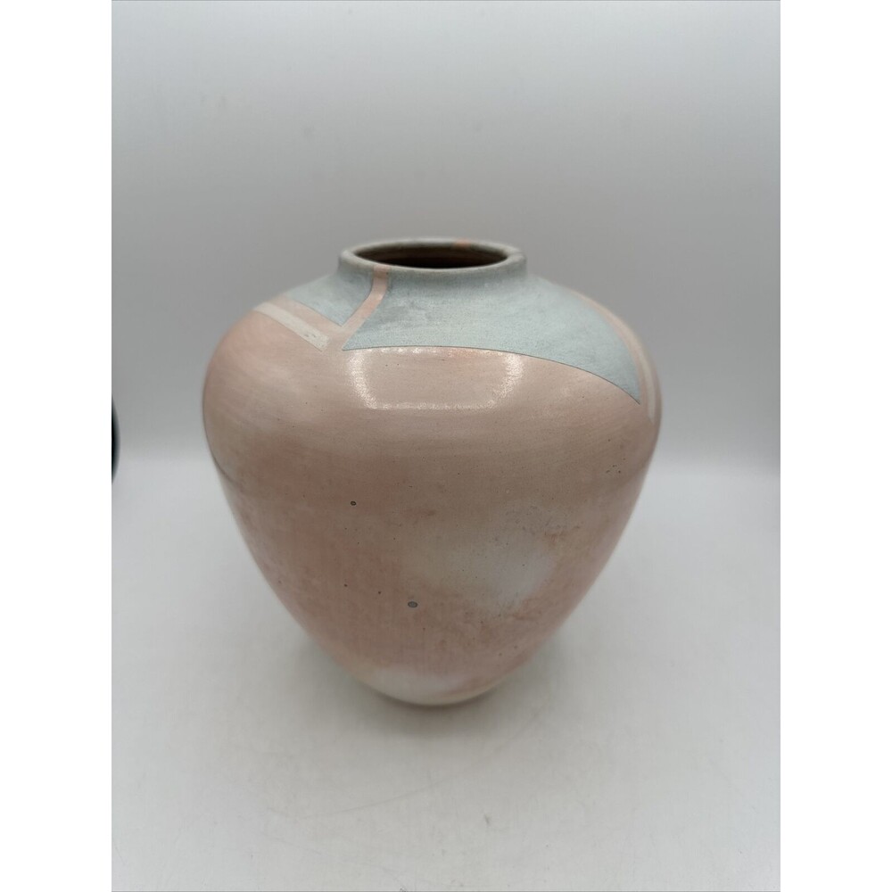 Vintage Bettye Barclay Vase Pot Pottery Large Pink White Blue 8” Handmade Signed